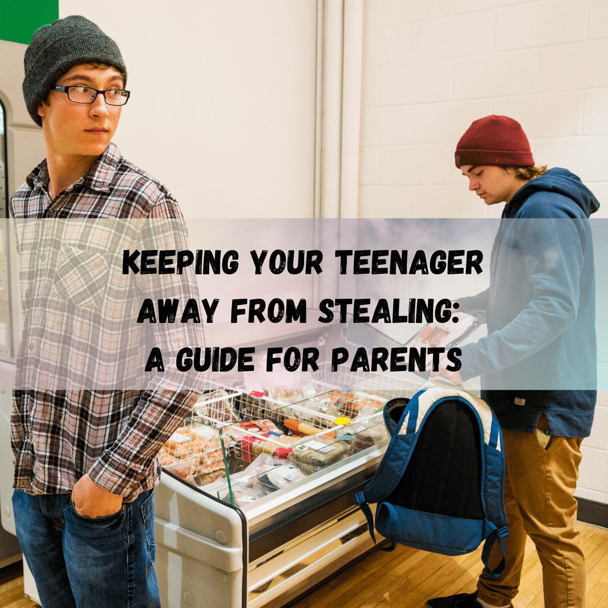 Teenager looking at pastries in a shop, with another teen in the background, representing the challenges parents face in preventing teen stealing